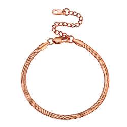 GoldChic 316L Edelstahl Damen Flaches Schlangenarmband in 3mm breit Schlichtes Stapelbares Schlangenarmband ohne Anhänger Verstellbares Fischgrätenmuster Armband in Rosegold mit 16cm+5cm Kette von GOLDCHIC JEWELRY