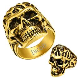 GoldChic 316L Edelstahl Flamme Totenkopf Ring mit Gravur 18K Vergoldet Biker Ring Herren Skull Siegelring Männer Punk Schädel Statement Fingerring Ringgröße 70（22.3） für Männer Junge Frauen von GOLDCHIC JEWELRY