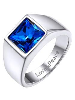 GoldChic Herren Zirkon Statement Ring mit 8mm breit Quadratischem Blautopas 316L Edelstahl Stapelbarer Zirkonia Siegelring mit Motiven-Gravur Geburtsstein Ring in Silber Ringgröße 64.6（20） von GOLDCHIC JEWELRY