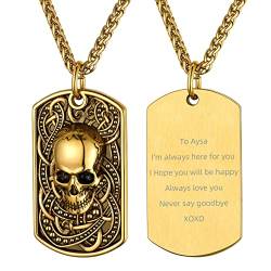 GoldChic Individuelle Totenkopf Skull Anhänger Dog Tag Halskette mit Motiven-Gravur für Herren Männer Hip Hop Punk Edelstahl Armee Halskette mit Totenkopf Schädel Anhänger in Gold mit 55cm+5cm Kette von GOLDCHIC JEWELRY