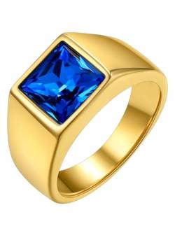 GoldChic Mode Herren Siegelring 316L Edelstahl Quadratischer Zirkon Ring mit 8mm breit Blautopas Anniversary Promise Zirkonia Fingerring in Gold Ringgröße 70（22.3） von GOLDCHIC JEWELRY