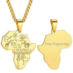 Mode Afrika Anhänger Halskette mit Tierkultur mit Wunsch/Namen/Text Gravur Edelstahl Tier Afrika-Karten Anhänger mit I LOVE AFRICA Stammes Ethnisch Kettenanhänger mit 56cm+5cm Afrika Kette in Gold von GOLDCHIC JEWELRY