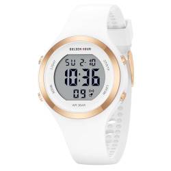 GOLDEN HOUR Digital Uhr Damen 5ATM wasserdichte Sport Chronograph Silikonarmband Armbanduhr Damen Sportlich Elegant Uhren Damen mit Datum Leuchtend Leicht ablesbares Zifferblatt - White von GOLDEN HOUR