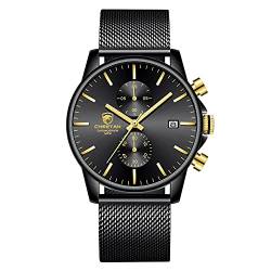 GOLDEN HOUR Herrenuhr Mode Schlanke minimalistische Quarz Analog Mesh Edelstahl wasserdichte Chronographen Uhren (New Gold Black) von GOLDEN HOUR