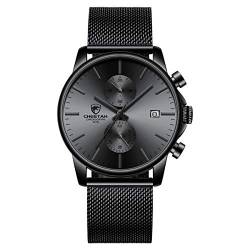 Herrenuhr Fashion Sport Quarz Analog Mesh Edelstahl wasserdichte Chronographenuhren, Auto Date in grauen Zeigern, Farbe: Schwarz von GOLDEN HOUR