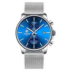 Herrenuhr Mode Schlanke minimalistische Quarz Analog Mesh Edelstahl wasserdichte Chronographenuhren, Auto Date in silbernen Zeigern, Farbe: Silberblau von GOLDEN HOUR