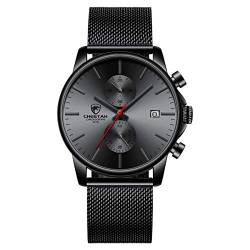 Herrenuhr Mode Sport Quarz Analog Mesh Edelstahl wasserdichte Chronographenuhren, Auto Date in roten Zeigern, Farbe: Schwarz von GOLDEN HOUR