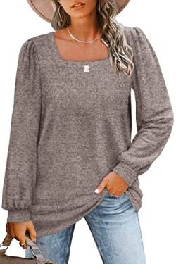 GOLDPK Langarmshirt Damen Pullover Mode Einfarbige Basic Tshirts Elegant Tshirt Damen U-Kragen Blusen Lässige Loose Oberteile Damen Khaki L von GOLDPKF