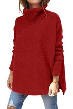 GOLDPKF Damen Pullover Rollkragenpullover Damen Strickpullover locker Langarm Dicke Pullover Damen elegant Winter Oversize warm Split saum Tops Rot von GOLDPKF