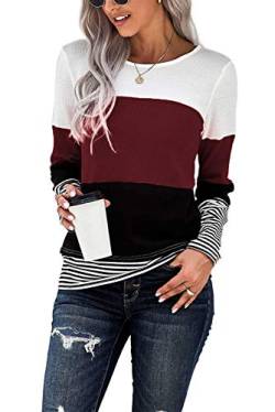 GOLDPKF Langarmshirt Damen Tshirt Outfit Slim Fit O Ausschnitt Bunt Oberteil Elegant Sexy Langarm T-Shirt Klamotten Herbst Shirt Leichter Pullover Weinrot XL 48-50 von GOLDPKF