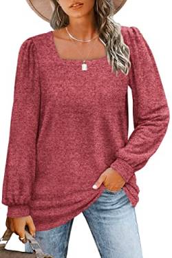 GOLDPKF Pullover Mode Winter Damen Langärmelige Einfarbige T-Shirts Laessige U-Förmiger Kragen Oversize Oberteil Damen Top Rot L von GOLDPKF