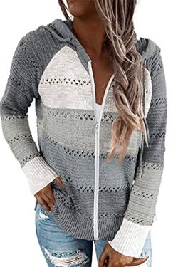 GOLDPKF Pullover & Strickjacken FüR Damen Langarmshirt Damen Hoodies Hohler Pullover Gestreift Farbanpassung Sweatshirt Hoodie Pullover Damen Oversize Dunkelgrau L 44-46 von GOLDPKF