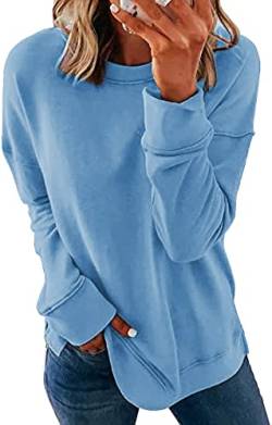 GOLDPKF Sport Langarm Damen Mode Einfacher Grundstil Damen Pullover Einfarbig Sweatshirt Loose Casual Shirt Blau XL-48-50 von GOLDPKF