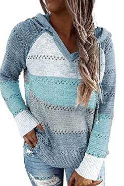 GOLDPKF Strickmantel Mit Kapuze Sportbekleidung Damen Pullover Damen Farbblock Kapuzenpullover Gestreift Hoodie Entspannt Sweatshirt mit Kapuze Lässiger Hohlpullover Blau M 40-42 von GOLDPKF