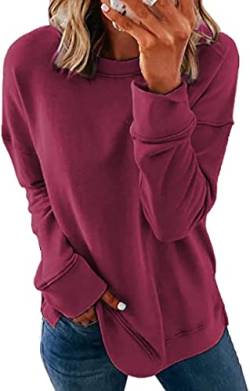 GOLDPKF Sweatshirt Damen Pullover Baumwolle Sweatshirts Damen Mode Einfacher Grundstil Langarm Einfarbig Entspannt Sweatshirt Oberteil Burgund XL von GOLDPKF