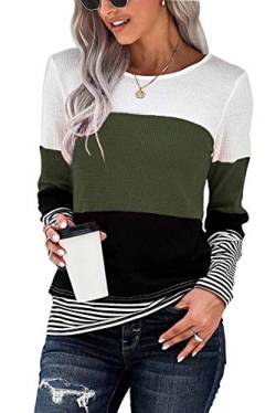 GOLDPKF T Shirt Frauen Damen Oberteil Langarm Herbstmode Gestreift Lockeres Langarmshirt Kostüm Atmungsaktiv Tops Baumwolle Tunika Bekleidung Grün S 36-38 von GOLDPKF