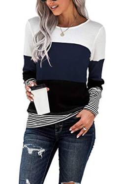 GOLDPKF Tshirt Langarm Damen Atmungsaktives Tagtäglichwear Shirt Damen Striped Longsleeve Tshirt Leicht Weit Sweatshirts Lustige Pullover Kleidung Marine XL 48-50 von GOLDPKF