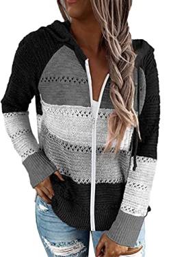 GOLDPKF Wickelpullover Damen Damen Strickjacke Bunt Langarmshirt Damen Hoodies Hohler Pullover Gestreift Farbanpassung Sweatshirt Hoodie Top Damen Damen Pullover Schwarz S 36-38 von GOLDPKF