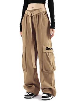 GOLYOY Cargohose Damen Baggy High Waist Jogginghose Techwear mit Mehreren Taschen Straight Wide Leg Hosen Damen Fashion Casual Sporthose Streetwear Hip Hop von GOLYOY