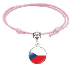 GONMFKM Modische Geflochtene Armbänder Mit Flagge Der Tschechischen Republik Charm Chic, Edelstein Anhänger, Gewebter Armreif, Verstellbares Armband Mit Rosa Seilknoten, Trendiger Patriotischer Schm von GONMFKM