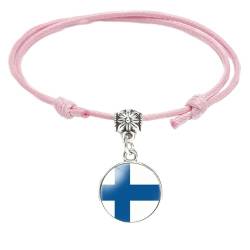 GONMFKM Modisches, Geflochtenes, Verstellbares Armband Mit Finnland Flagge Runder Edelstein Anhänger, Schmuck, Rosafarbener Seilknoten, Gewebter Manschettenarmreif, Patriotische Vintage Accessoires, von GONMFKM