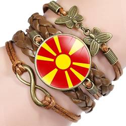 GONMFKM Modisches, Geflochtenes, Verstellbares Armband Mit Nordmazedonien Flagge Punk Retro Schmetterlingsarmband, Braunes Leder, Gewebter Armreif, Charm Chic, Patriotischer Schmuck, Zeit Edelstein von GONMFKM