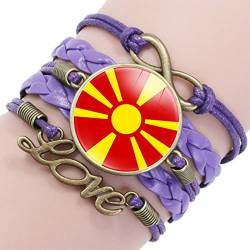 GONMFKM Modisches Gewebtes Armband Mit Nordmazedonien Flagge Punk Armreif Aus Geflochtenem Lila Leder, Unisex, Retro Liebesarmbänder, Verstellbar, Charm Neuheit, Patriotischer Schmuck, Paar Accessoi von GONMFKM