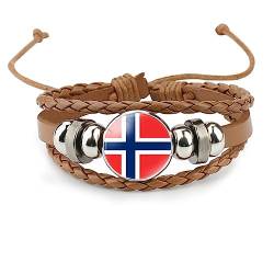 GONMFKM Modisches Norwegen-Flaggen-Armband – Europäische Länder-Charm, Mehrschichtiger Gewebter Leder-Armreif, Unisex-Armband, Kreative Mode-Manschette, Schmuckzubehör, Braun, Lang 18 Cm von GONMFKM