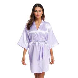 GOODSALEOK Satin Bademantel Damen Sexy Kimono Robe für Frauen V-Ausschnitt Leichtigkeit Nachtwäsche Nachthemd Lila Violett M von GOODSALEOK