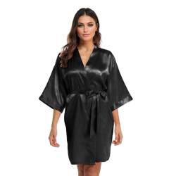 GOODSALEOK Satin Bademantel Damen Sexy Kimono Robe für Frauen V-Ausschnitt Leichtigkeit Nachtwäsche Nachthemd Schwarz XXL von GOODSALEOK