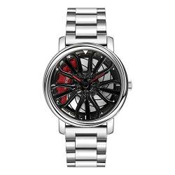 GORBEN Herren Armbanduhr Kreative 3D Auto Rad Rotierende Uhr Mode Quarz Herrenuhr Stilvolle Armbanduhr mit Edelstahlarmband, silber, Quarzuhr von GORBEN