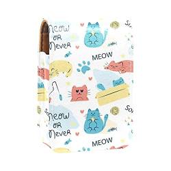 Doodle Cat Meow Word Cartoon Fischmuster Lipgloss Halter Lippenstift-Etui Tragbare Make-up-Tasche Reise Lippenstift Organizer Etui mit Spiegel Mini Lippenstift Aufbewahrungsbox für Frauen, Mehrfarbig, von GORDESC