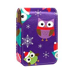 Lippenstift-Etui mit Spiegel, Eulen mit Weihnachtsmütze, Schneeflockenmuster, Lipgloss-Halter, tragbare Lippenstift-Aufbewahrungsbox, Reise-Make-up-Tasche, Mini-Leder-Kosmetiktasche, hält 3 von GORDESC