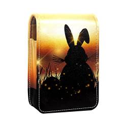 Lippenstift-Etui mit Spiegel, Osterhase im Gras gegen Sonnenuntergang, Lipgloss-Halter, tragbare Lippenstift-Aufbewahrungsbox, Reise-Make-up-Tasche, Mini-Leder-Kosmetiktasche, hält 3 Lippenstifte, von GORDESC