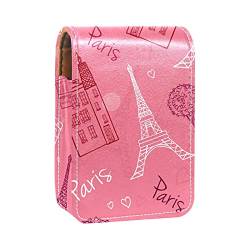 Lippenstift-Etui mit Spiegel, rosa Paris Eiffelturm, Liebesmuster, Lipgloss-Halter, tragbare Lippenstift-Aufbewahrungsbox, Reise-Make-up-Tasche, Mini-Leder-Kosmetiktasche für 3 Lippenstifte, von GORDESC
