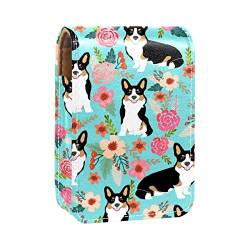 Lippenstift-Etui mit Spiegel, schöne Corgi & Blumen, Lipgloss-Halter, tragbare Lippenstift-Aufbewahrungsbox, Reise-Make-up-Tasche, Mini-Leder-Kosmetiktasche für 3 Lippenstifte, Mehrfarbig, 9.5x2x7 von GORDESC