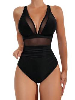 GORGLITTER Badeanzug Damen Sexy Mesh Badeanzug Mit V Ausschnitt Badeanzug Mit Netzeinsatz Bauchweg Einteiliger Bademode Schwarz L von GORGLITTER