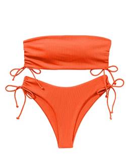 GORGLITTER Bandeau Bikini Damen Set Bikini High Waist Trägerlos Bikini Mit Kordelzug Bikini Set Einfarbig Zweiteiler Badeanzug Bademode Swimsuit Orange L von GORGLITTER