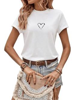 GORGLITTER Basic T-Shirt Damen Kurzarm Oberteil mit Herzen Muster Sommershirt Reguläre Tshirt Weiß L von GORGLITTER