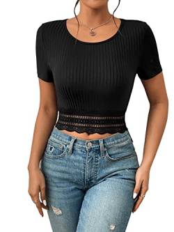 GORGLITTER Bauchfrei Cropshirt Damen Spitzen T-Shirt Kurzarm Oberteil Sommer Cropped Sommershirt mit Rundhals Schwarz M von GORGLITTER