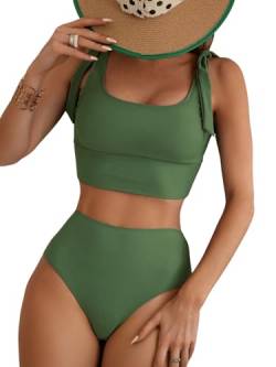 GORGLITTER Bikini Damen Bauchweg Bikini Set Basic Zweiteilige Bademode High Waist Strandmode Swimwear Sets mit Knoten Armeegrün M von GORGLITTER