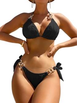 GORGLITTER Bikini Damen Mit Ketten Neckholder Bikini Set Triangel Bikini Push Up Zweiteiliger Badeanzug Bademode Strandmode Schwarz M von GORGLITTER