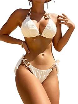 GORGLITTER Bikini Damen Mit Ketten Neckholder Bikini Set Triangel Bikini Push Up Zweiteiliger Badeanzug Bademode Strandmode Weiß L von GORGLITTER