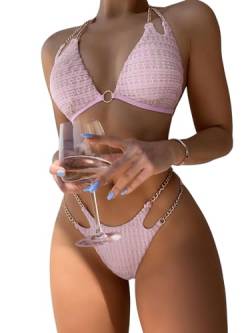 GORGLITTER Bikini Damen Mit Ketten Triangel Bikini Set Zweiteiliger Badeanzug Bikini Mit Ring Neckholder Bikini Rosa L von GORGLITTER
