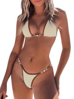GORGLITTER Bikini Damen Neckholder Set Triangel Bikini Sexy Badeanzug Zweiteiliger Badeanzug Bikini Mit Ring Bademode Swimsuit Aprikosenfarben M von GORGLITTER