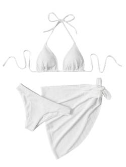 GORGLITTER Bikini Damen Set 3 Teilig Triangle Bikini Set Mit Rock Neckholder Bikini High Waist Badeanzug Weiß M von GORGLITTER