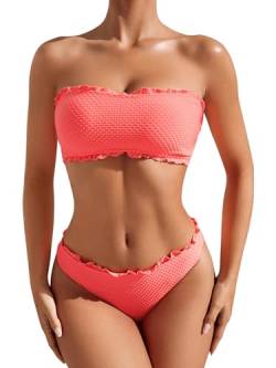 GORGLITTER Bikini Damen Set Bikini Trägerlos Bandeau Bikini mit Wellensaum Bikini Set Zweiteiler Badeanzug Bademode Swimsuit Koralle Orange L von GORGLITTER