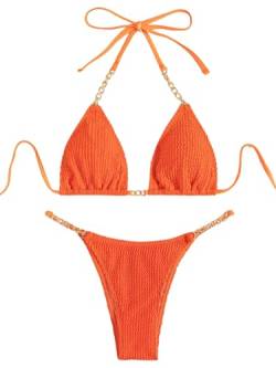 GORGLITTER Bikini Damen Set Mit Ketten Neckholder Bikini Set High Waist Sexy Triangel Bikini Zweiteiliger Badeanzug Orange M von GORGLITTER