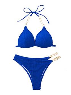 GORGLITTER Bikini Mit Bügel Damen Neckholder Bikini Set Triangel Bikini Mit Kette Cut Out Bikini Sexy Bademode Zweiteiliger Badeanzug Blau S von GORGLITTER
