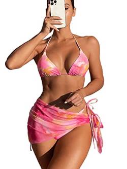 GORGLITTER Bikini Mit Rock Damen Set 3 Teilig Bikini Sets Sexy Neckholder Bikini Oberteil Bikini Bunt Batik Rosa L von GORGLITTER